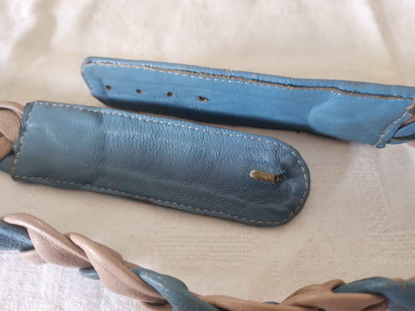 Ceinture ancienne vintage bleu et rose 74 cm à 78 cm A4
