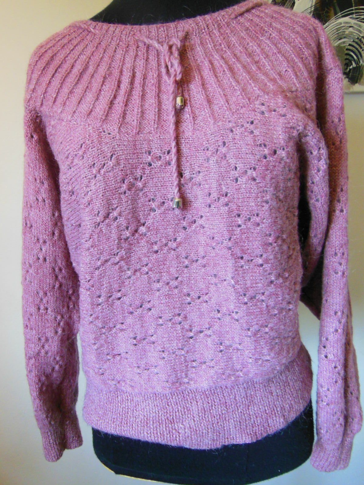 Pur vintage pull vieux rose laine manches chauve souris B1