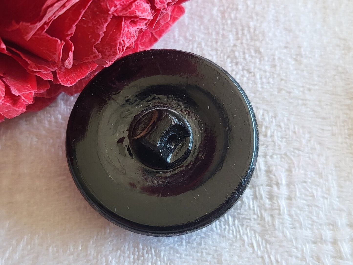 Gros bouton ancien en verre noir cœur argenté diamètre 2,6 cm G5F