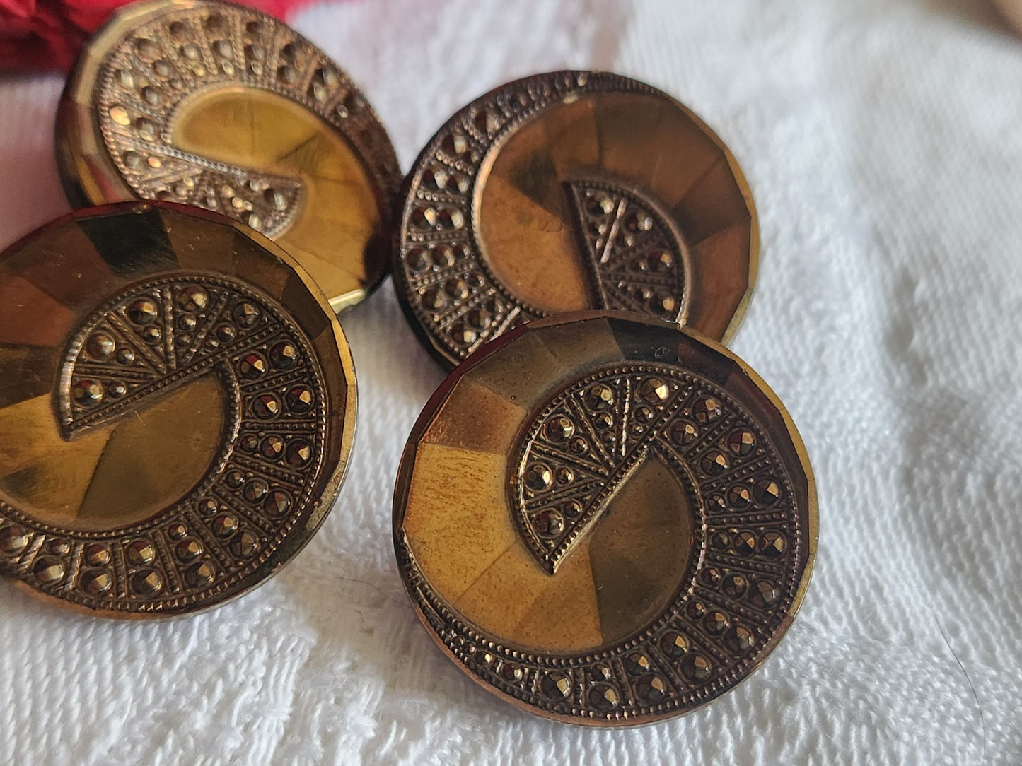 Lot 6 boutons anciens en verre marron facette superbe pied metal 2,2 cm ref 1458