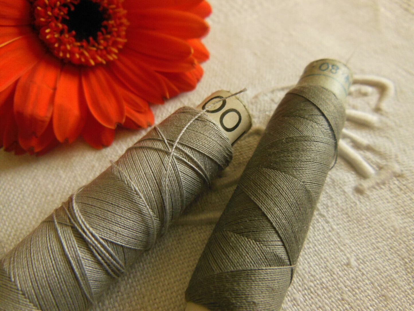 Duo grosses bobines ancienne fil gris couture mercerie ancien