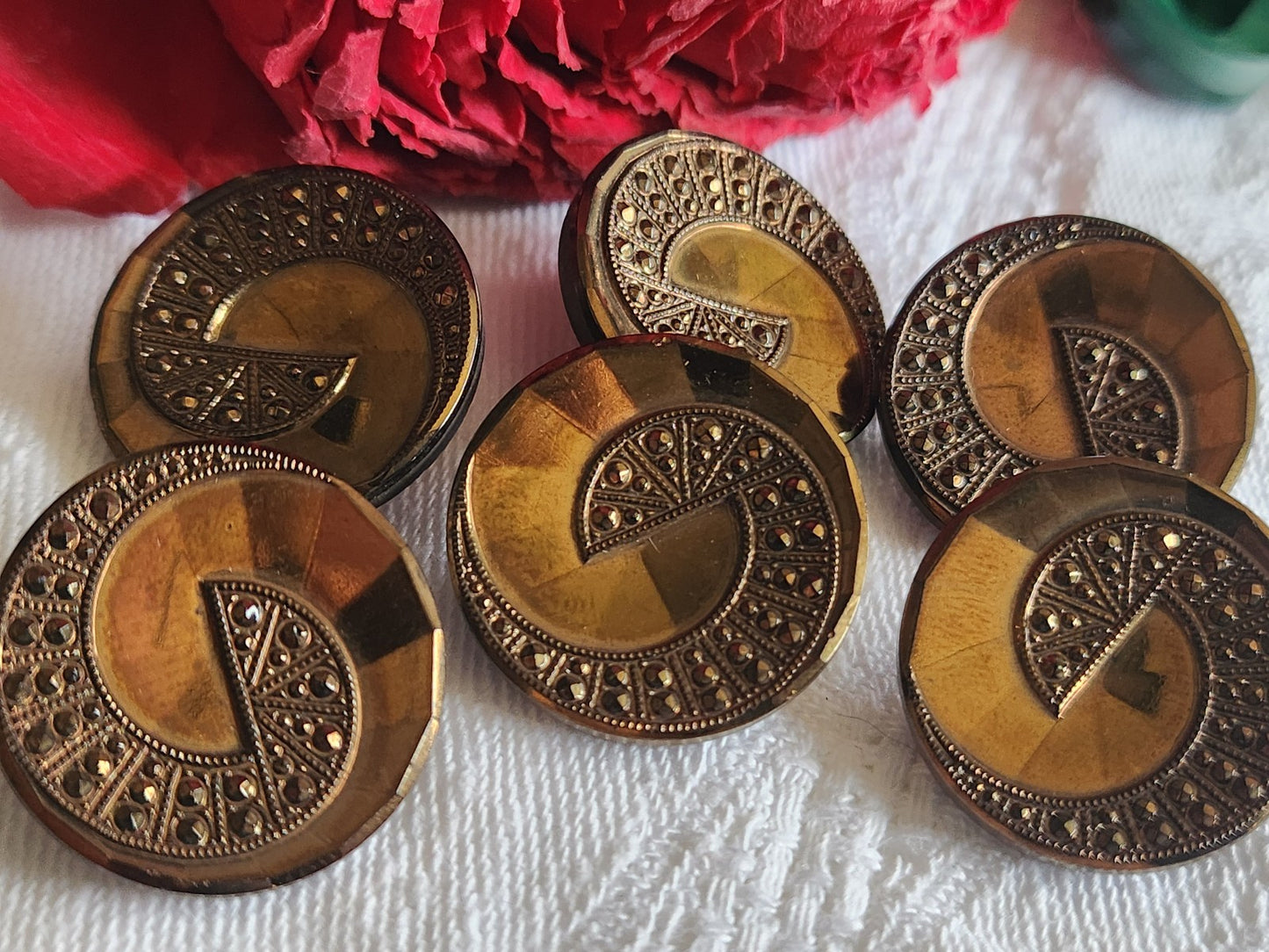 Lot 6 boutons anciens en verre marron facette superbe pied metal 2,2 cm ref 1458