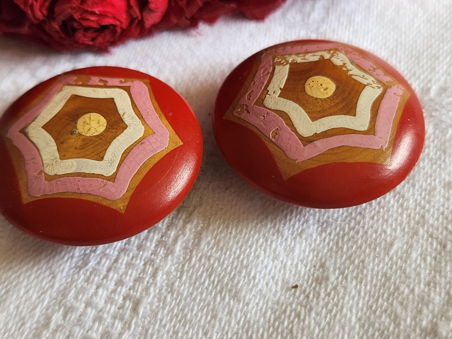 Duo boutons anciens en bois peint collection à pied 2,6 cm D15J