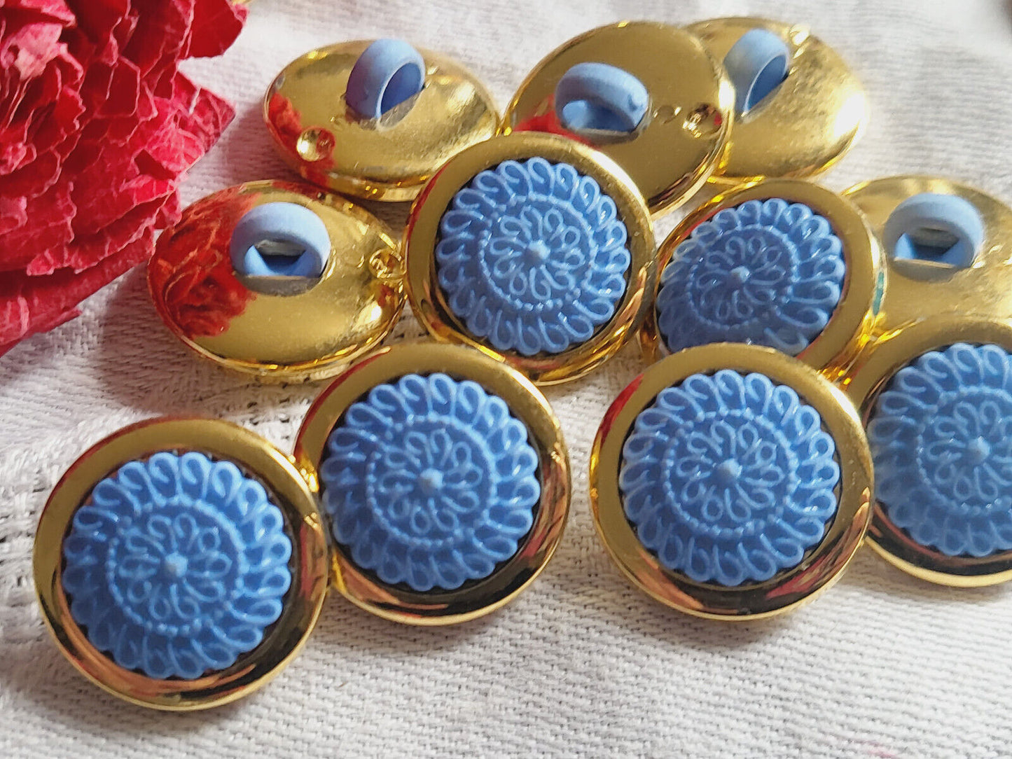 Lot 13 boutons vintage année 90 doré bleu acrylique pied 1,7 cm ref 5410