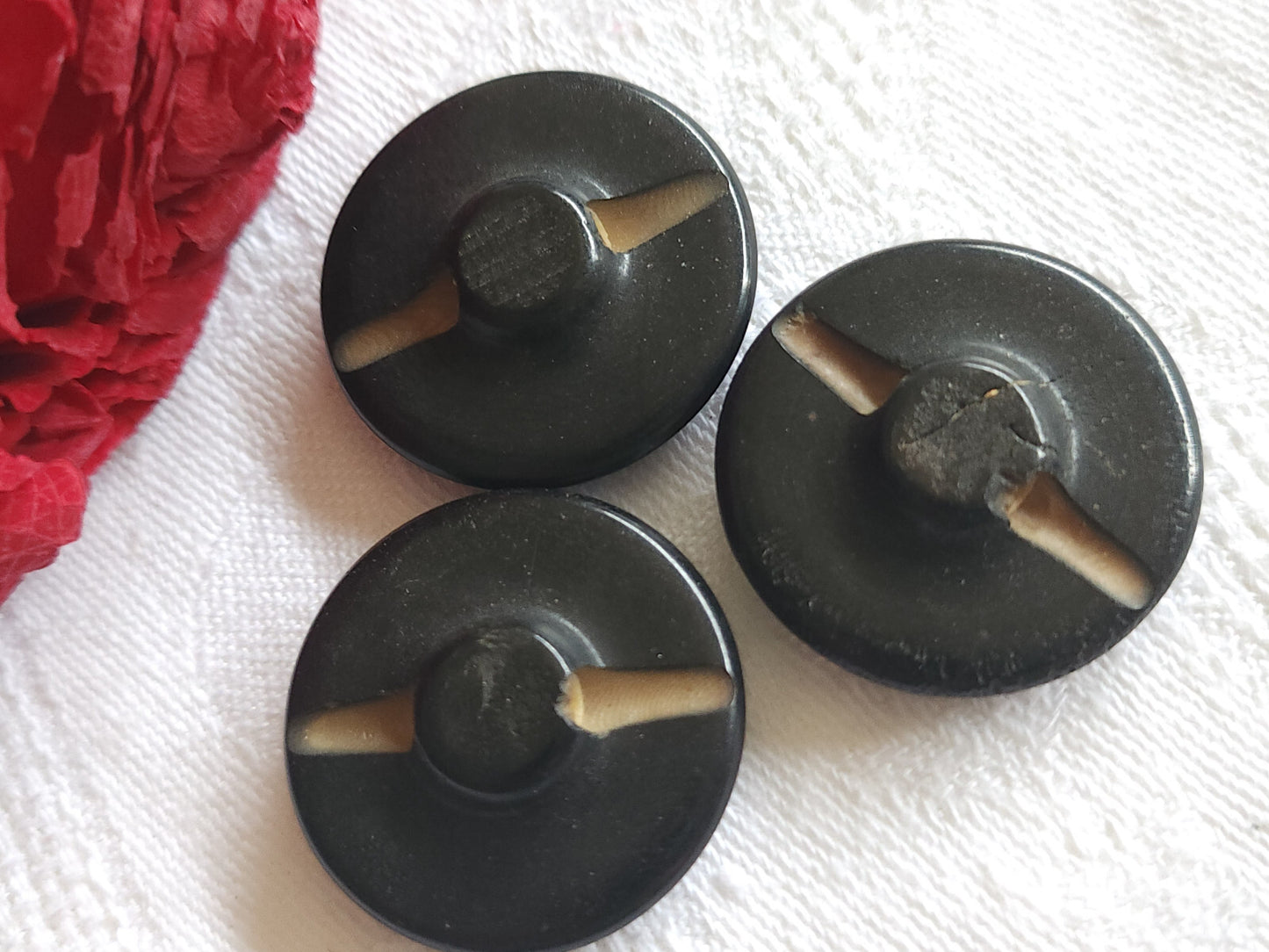 Trio gros boutons anciens en corozo collection noir 2,7 cm pied G18L