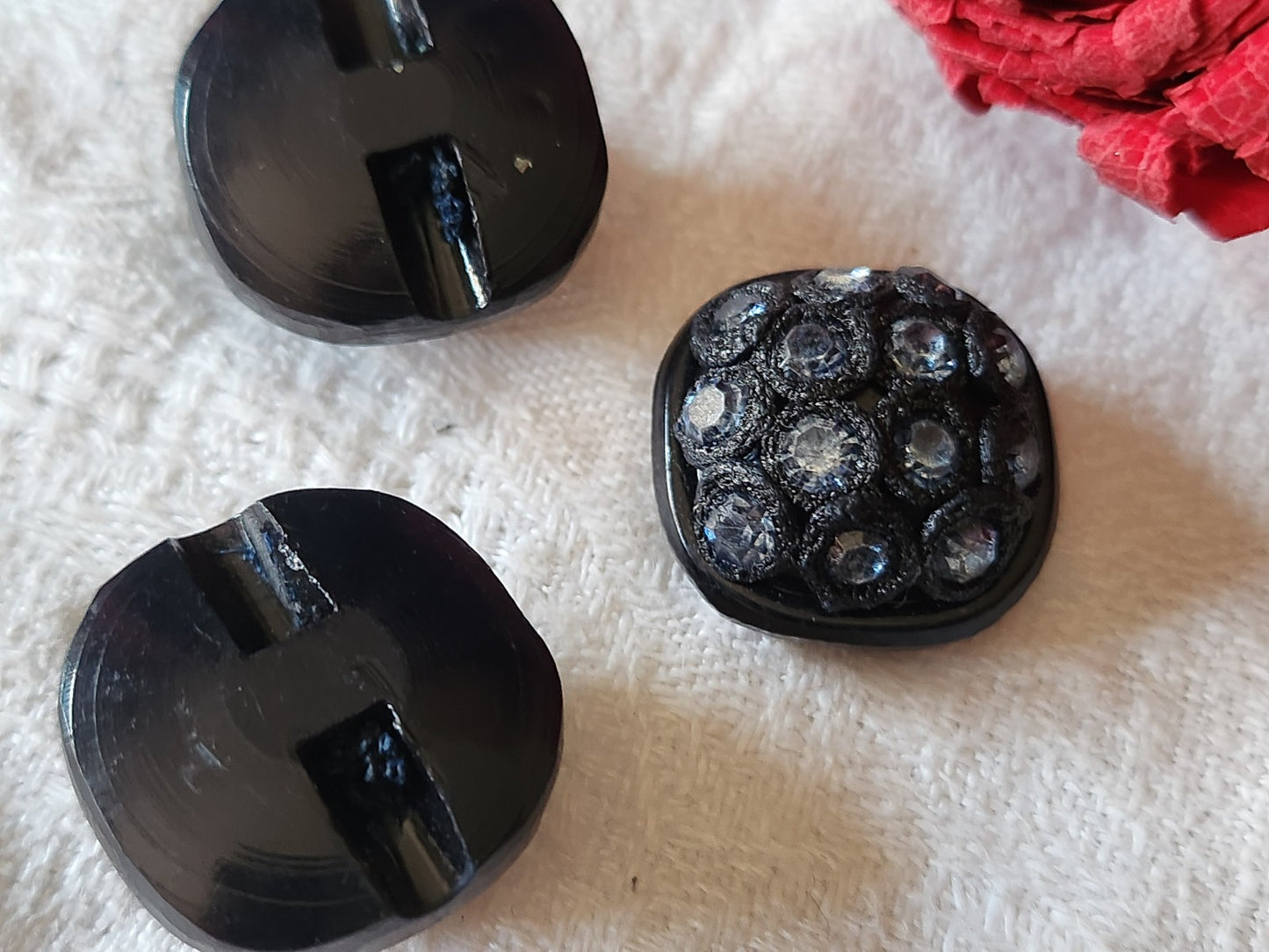 Trio boutons vintage strass resine parurier 2 cm bleu pied G15G