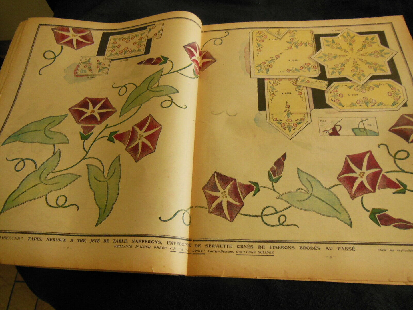 Mon ouvrage 1933 n°250 aube en filet d'Art, pochettes brodées liserons