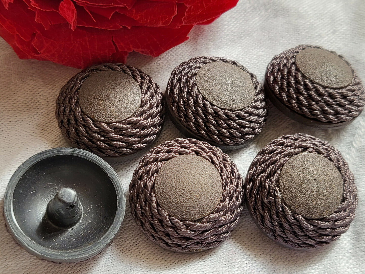Lot 6 boutons vintage gris pourtour passementerie pied 2,1 cm ref 3495