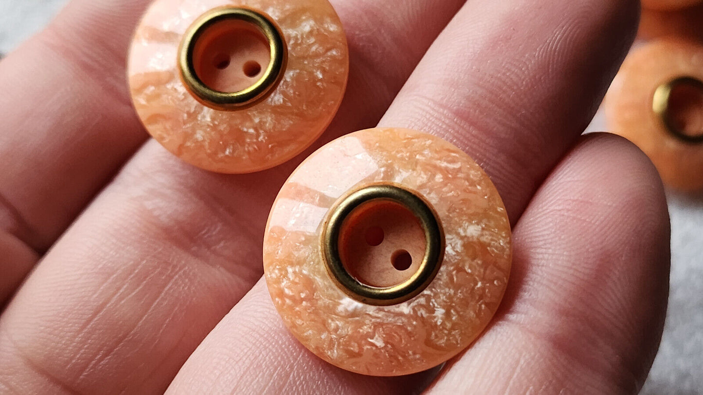 Lot 6 boutons vintage orange nacré à trous doré diamètre 2,2 cm ref 2898