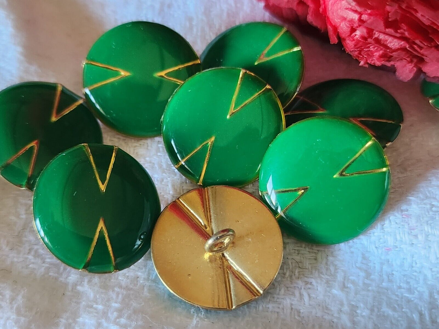 Lot 9 boutons vintage en métal doré et vert pied 1,8 cm ref 4777