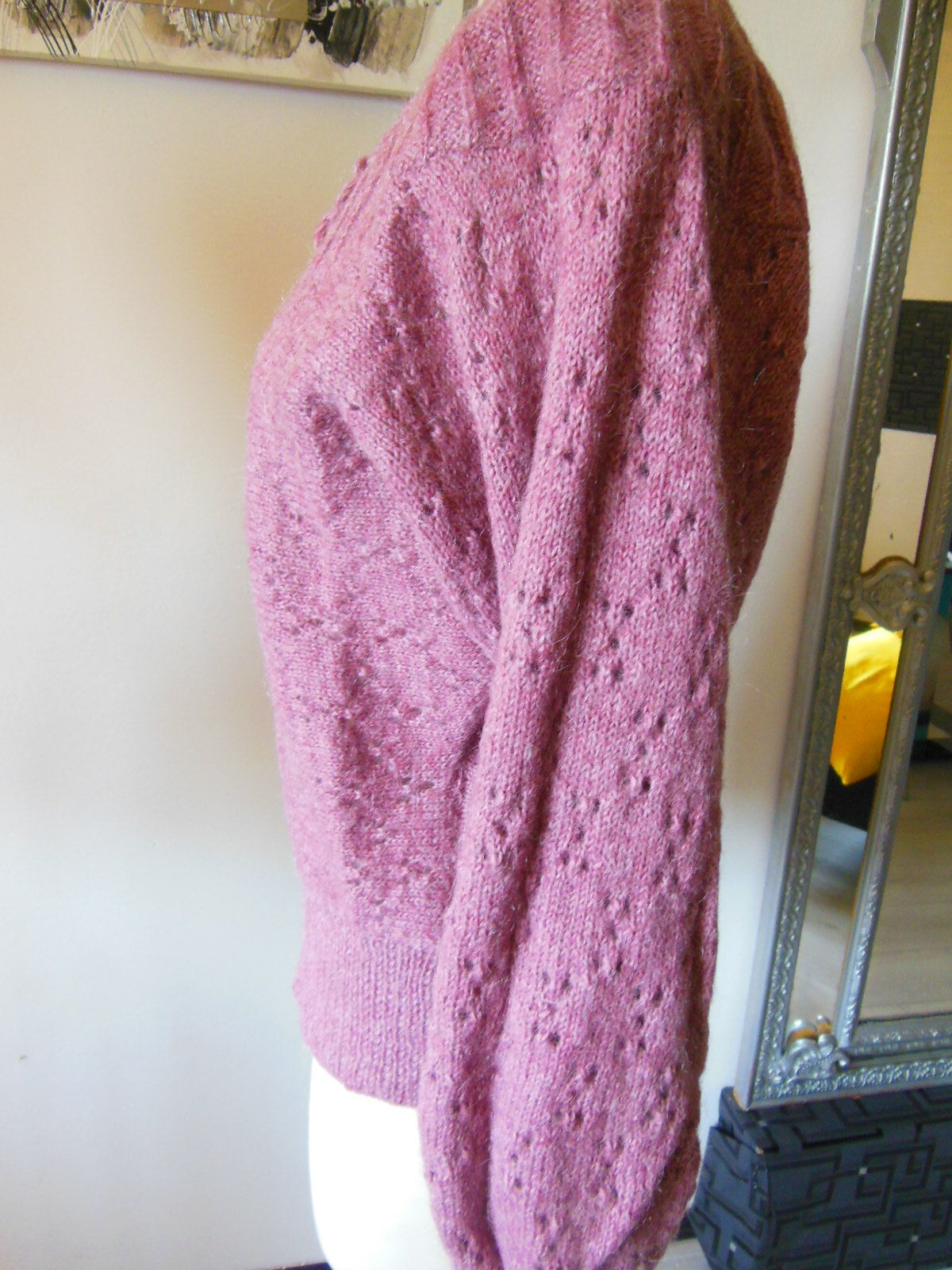 Pur vintage pull vieux rose laine manches chauve souris B1