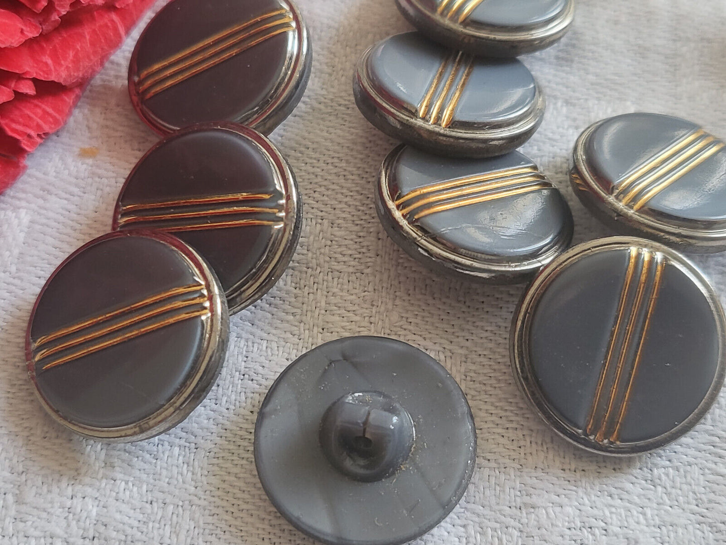 Lot 6 boutons anciens en verre gris doré gris à pied 1,7 cm ref 1786