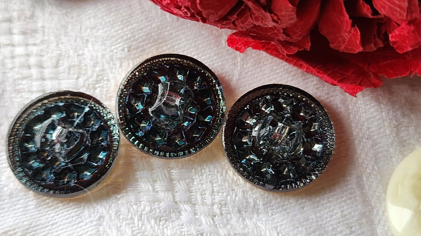 Trio anciens boutons en verre doré motif etoile à pied 1,7 cm D9H