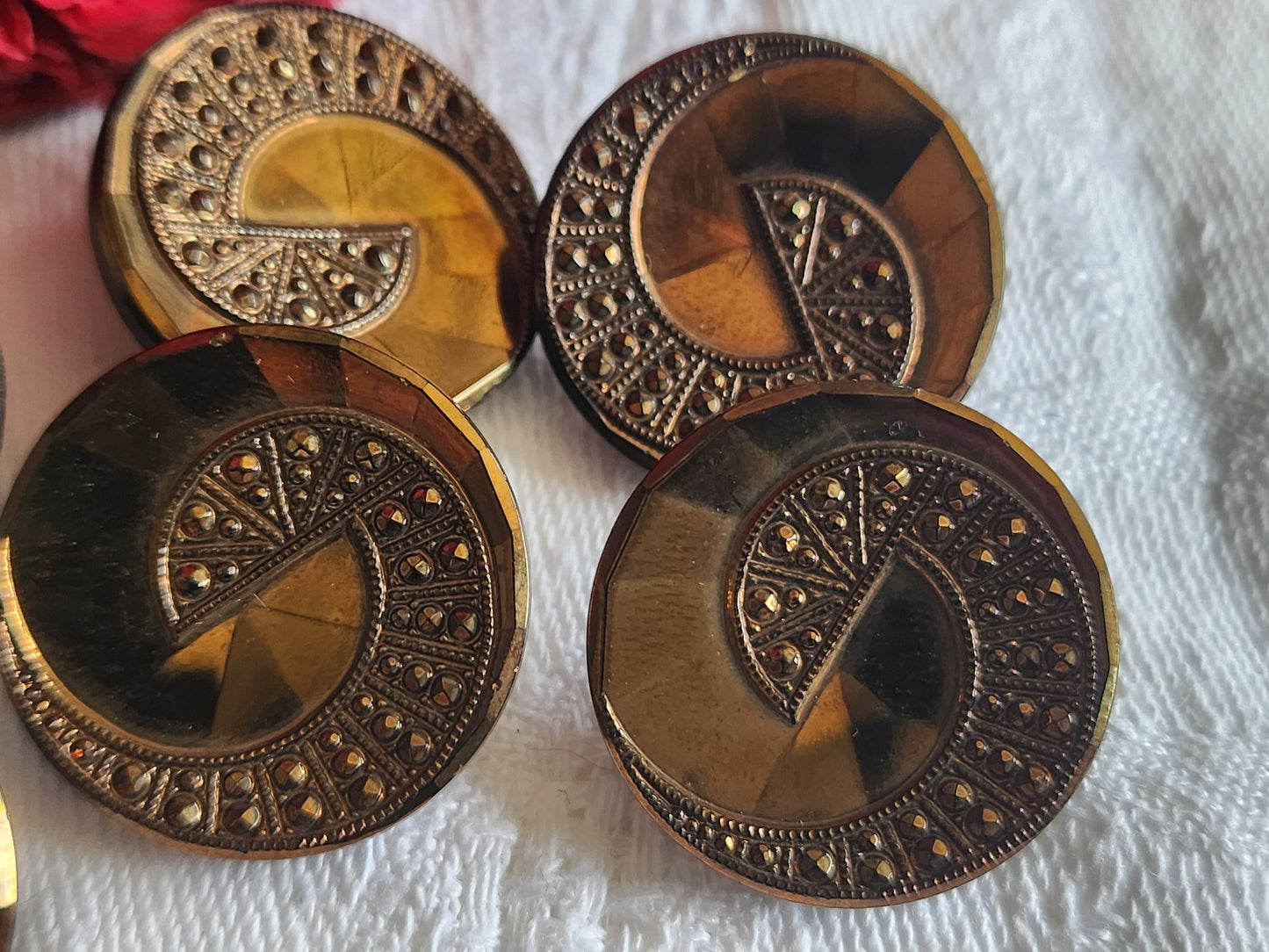 Lot 6 boutons anciens en verre marron facette superbe pied metal 2,2 cm ref 1458
