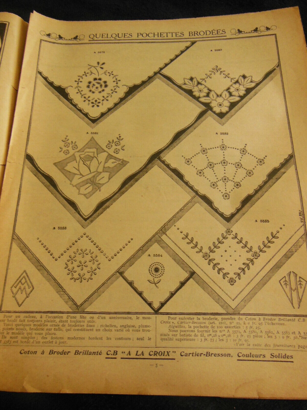 Mon ouvrage 1933 n°250 aube en filet d'Art, pochettes brodées liserons