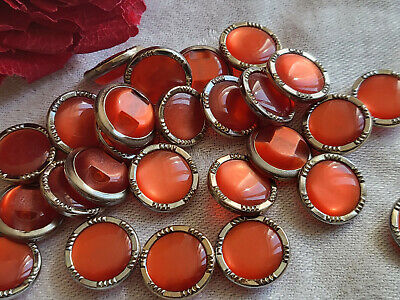 Lot 15 petit boutons vintage orangé rouge monture métal pied  1,3 cm ref 2888