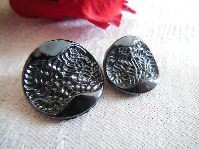 Duo boutons anciens en verre originaux gris hématite 1,8 cm et 2,2 cm G7J