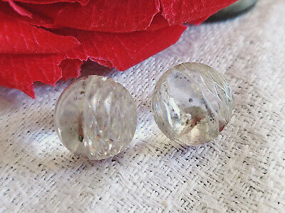 Duo boutons anciens en verre boule facette art deco argenté D15A