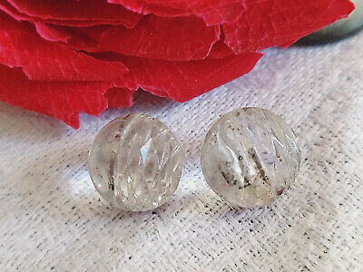 Duo boutons anciens en verre boule facette art deco argenté D15A