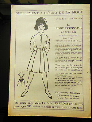 Patron ancien écho de la mode 1960 robe écossaise fillette 9  ANS