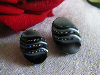 Duo boutons anciens en verre ovale gris hématite original G7H