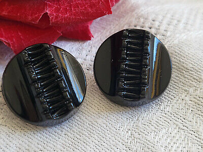Duo boutons anciens en verre noir fort relief à pied 1,7 cm ref 5269