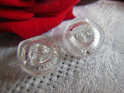 Duo boutons anciens en verre transparent effet écaille ondulé 1,7 cm D12H