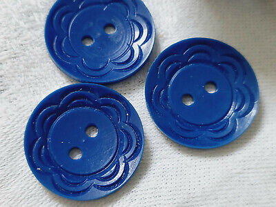 Trio anciens boutons bleu ciselé motif fleur diamètre  2,2 cm G8H