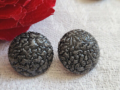 Duo boutons anciens en verre gris noir vintage diamètre: 1,7 cm D12K