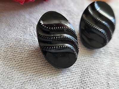 Duo boutons anciens en verre noir ovale motif  à pied 1,2 sur 1,8 cm G14I