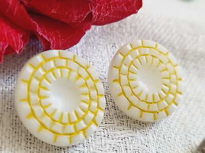 Duo boutons anciens en verre blanc effet mosaïque jaune 1,8  cm D15D