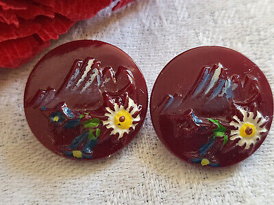 Duo boutons anciens en verre rouge foncé  peint fleur montage  1,8 cm G19G