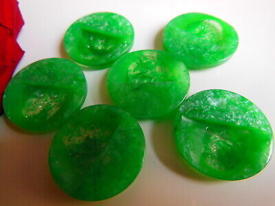 Lot 6 boutons vintage vert cœur lucite paillette 2,1 cm ref 1982