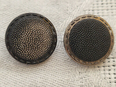 Duo boutons anciens en verre noir argenté vintage texturé diamètre  1,7 cm G3J