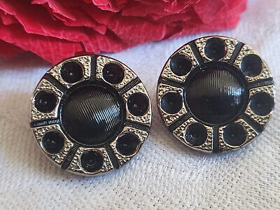 Duo boutons anciens en verre noir argenté à strasser ou tel q  1,8 cm G10T