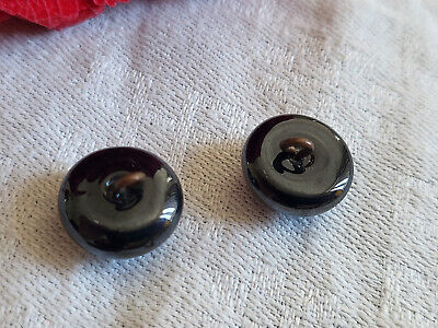 Duo boutons anciens en verre pied métal noir hématite 1,2 cm G19A