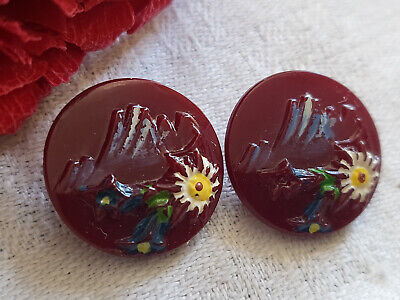 Duo boutons anciens en verre rouge foncé  peint fleur montage  1,8 cm G19G