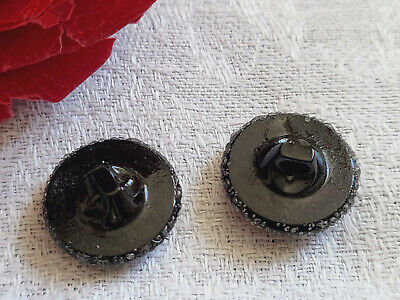 Duo boutons anciens en verre gris noir vintage diamètre: 1,7 cm D12K