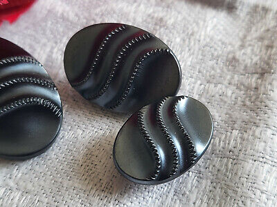 Trio boutons anciens en verre gris anthracite modéle identique ovale D16D 