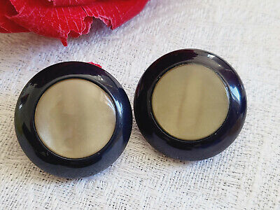 Duo boutons vintage bleu cœur nacré pied bombé 2,1 cm D15F