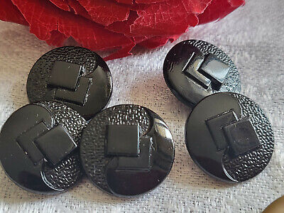 Lot 5 boutons anciens en verre noir motif relief pied 1,7 ref 4973