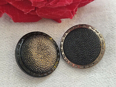 Duo boutons anciens en verre noir argenté vintage texturé diamètre  1,7 cm G3J