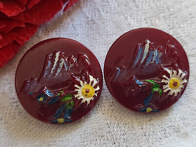 Duo boutons anciens en verre rouge foncé  peint fleur montage  1,8 cm G19G