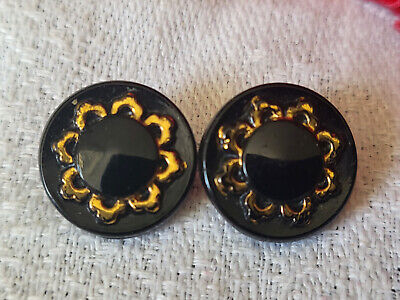 Duo boutons anciens en verre noir et doré petits diamètre  1,2 cm G9C