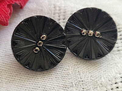 Duo boutons anciens en verre noir et argenté travaillé pied 1,7 cm G4I