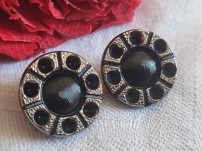 Duo boutons anciens en verre noir argenté à strasser ou tel q  1,8 cm G10T