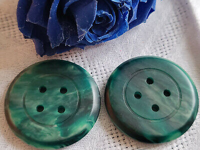 Duo gros boutons ancien vert marbré camaïeu épais travaillé 3,4 cm ref 5003