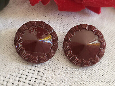 Duo boutons anciens en verre marron cœur pique 1,7 cm G4C