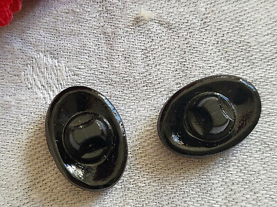 Duo boutons anciens en verre noir ovale motif  à pied 1,2 sur 1,8 cm G14I