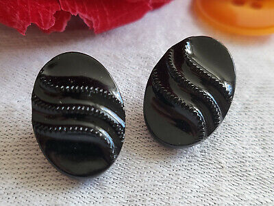 Duo boutons anciens en verre noir ovale motif  à pied 1,2 sur 1,8 cm G14I